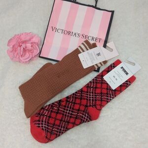 Victoria's Secret PINK Furry Cozy Red and Brown Boot Socks House Socks Cabincore